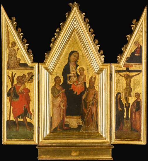A portable triptych: The Madonna and Child flanked by saints (central panel); Saint Christopher (left wing); The Crucufixion (right wing), Master of San Jacopo a Mucciana