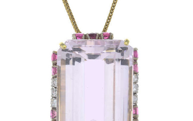 A rectangular-shape morganite, circular-shape pink tourmaline and single-cut diamond pendant, with chain.