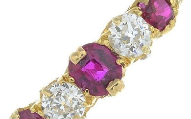 A ruby and diamond five-stone ring.Estimated total
