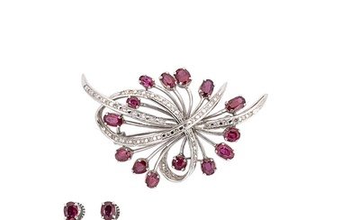 A ruby and diamond spray brooch together with a pair of ear studs