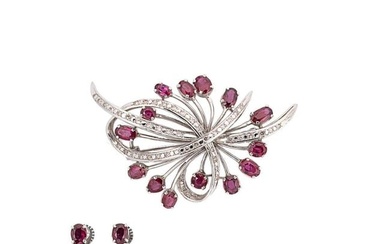 A ruby and diamond spray brooch together with a pair of ear studs