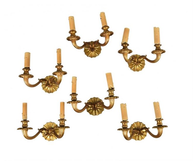 A set of six Continental gilt bronze twin light wall appliques
