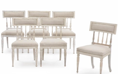 A set of six painted late Gustavian side chairs. Sweden, ca. 1810....