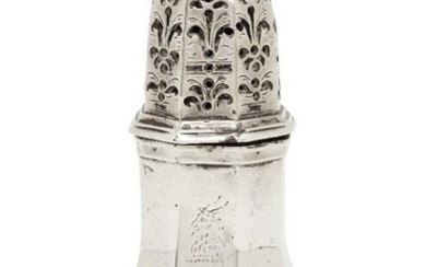 A small George I Britannia standard caster, London, 1723, Thomas Bamford, of octagonal baluster form, the pierced cap with knop finial, the body engraved with billy goat crest, 11cm high, approx. weight 3oz