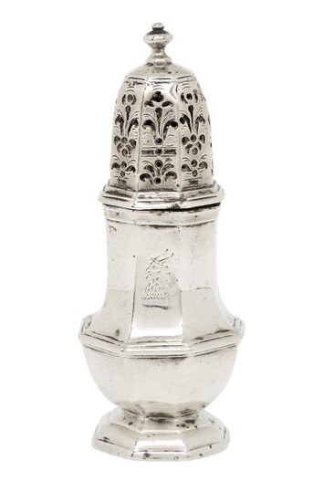 A small George I Britannia standard caster, London, 1723, Thomas Bamford, of octagonal baluster form, the pierced cap with knop finial, the body engraved with billy goat crest, 11cm high, approx. weight 3oz