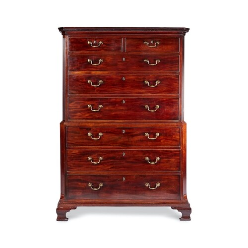A small George III mahogany chest on chest The ogee dentil m...