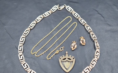A small quantity of silver and gold including a broken 9ct gold chain, 9ct gold clip earrings