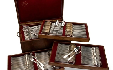 A wooden canteen with a collection of Dutch silver flatware