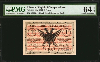 ALBANIA. Shqipërië Vetqeveritare. 1 Franc, 1917. P-S142a. PMG Choice Uncirculated 64 EPQ.