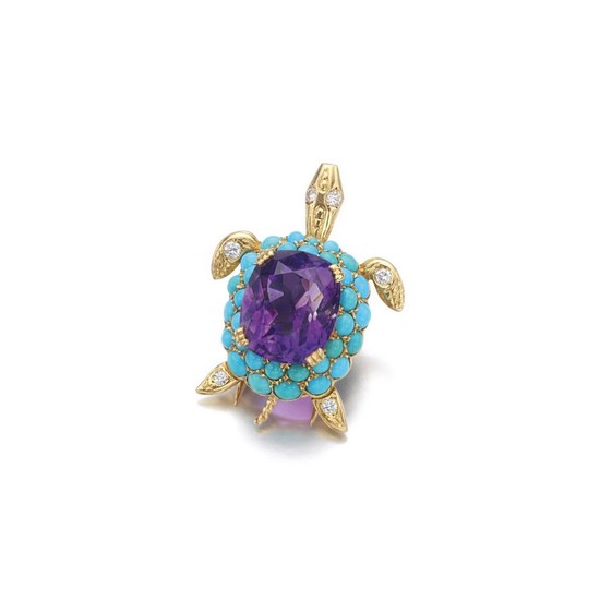 AMETHYST, TURQUOISE AND DIAMOND BROOCH, 'TURTLE', CARTIER