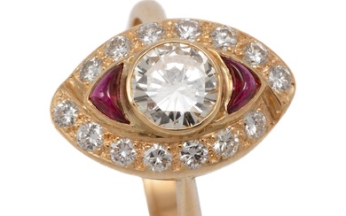 AN 18CT GOLD DIAMOND RING; marquise shape top centring a bezel set fancy light yellow round brilliant cut diamond estimated as 0.96c...