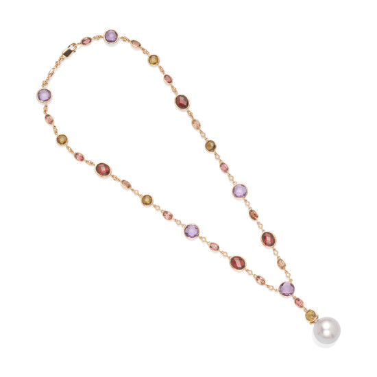 AN 18K ROSE GOLD, CULTURED PEARL AND GEM-SET NECKLACE