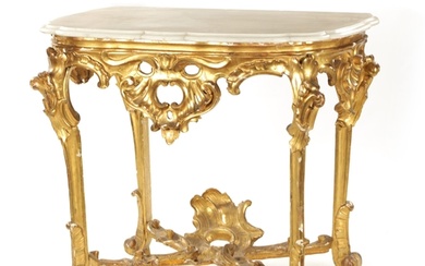 AN 18TH CENTURY CARVED GILTWOOD CONSOLE TABLE with white mar...