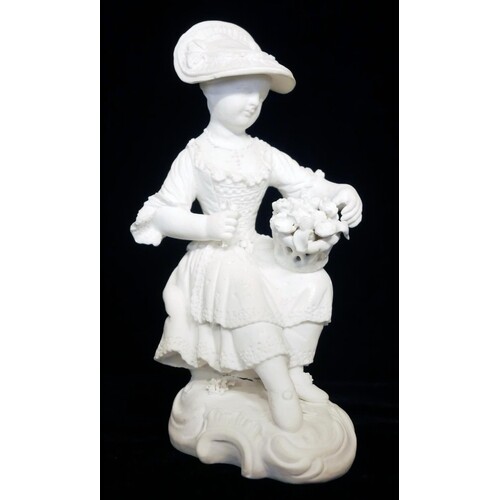 AN 18TH CENTURY DERBY BISCUIT PORCELAIN FIGURE, A SEATED GIR...