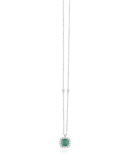 AN EMERALD AND DIAMOND PENDANT ON CHAIN The...