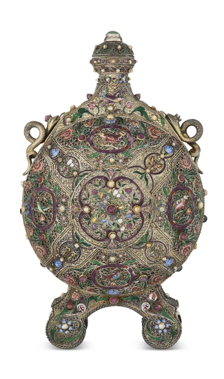 AN UNUSUAL CONTINENTAL SILVER-GILT, ENAMEL AND PEARL AND GEM-SET MOON FLASK PROBABLY VIENNA, CIRCA 1880