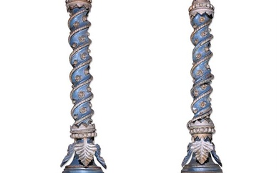 AN UNUSUAL PAIR OF PAINTED CAST AND WROUGHT IRON TORCHERES, LATE 19TH CENTURY