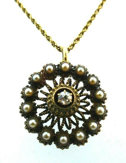 ANTIQUE 14k Yellow Gold, Natural Pearl & Diamond