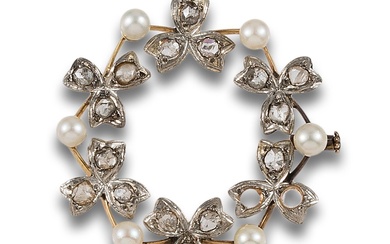 ANTIQUE DIAMONDS AND PEARLS GARLAND BROOCH, IN YELLOW GOLD AND PLATINUM