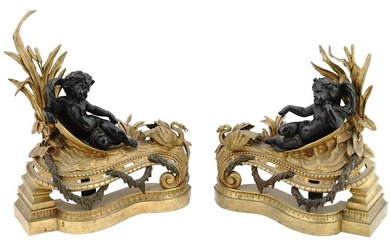 ANTIQUE LOUIS XV GILT PATINATED BRONZE CHENETS