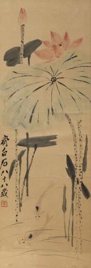 APRÈS QI BAISHI (20e SIÈCLE) LOTUS Peinture chinoise, encre et couleur sur papier, inscrite, signée...