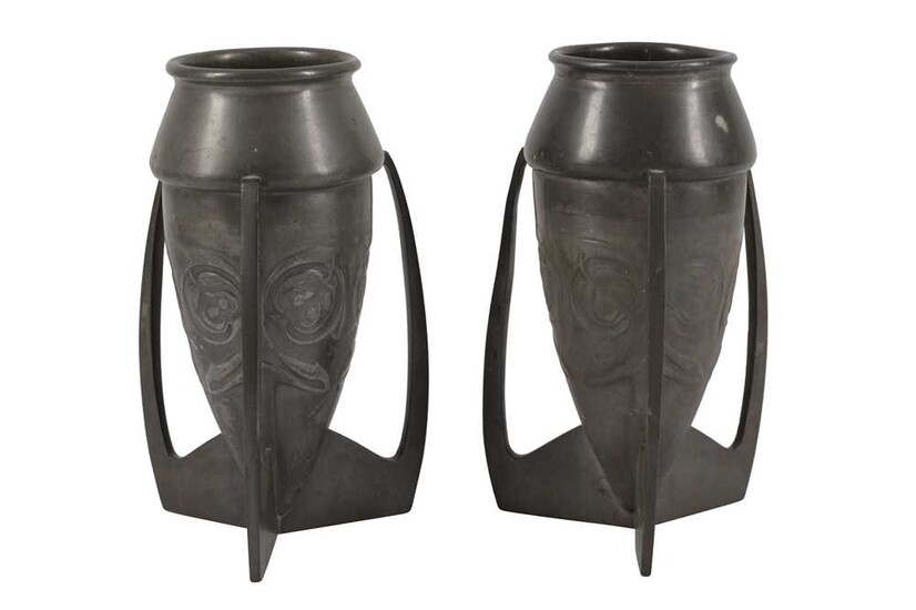 ARCHIBALD KNOX (BRITISH 1864-1933) FOR LIBERTY & CO, A PAIR OF TUDRIC PEWTER TORPEDO VASES