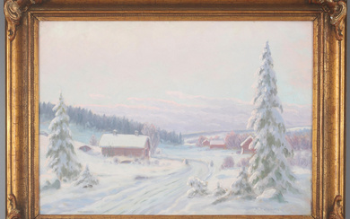 AUGUST EMANUEL "MANNE" HALLENGREN. Winter landscape with farm, oil on canvas, signed.