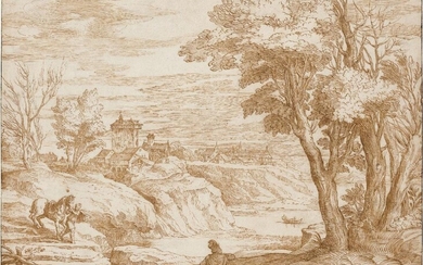 After Tiziano Vecellio, called Titian, Italian c.1485-1576- River landscape with a boy leading a horse, a man seated in the foreground; pen and brown ink on laid paper laid down on cream paper, inscribed 'Titiano' (lower right), 33.4 x 44.2 cm...