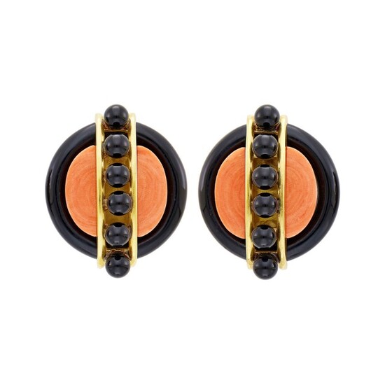 Aldo Cipullo Pair of Gold, Coral and Black Onyx Earclips