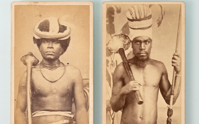 Allan Hughan (1834-1883). Deux portraits de guerriers kanak en armes, Nouvelle-Calédonie. Deux épreuves sur papier...