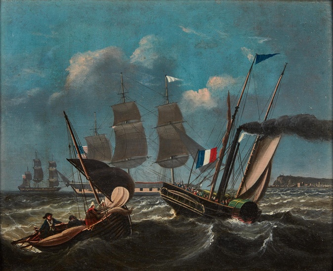 American School (19th century), American and French vessels at sea, oil on panel, 12 3/4 x 15 3/4in (32 x 40cm)