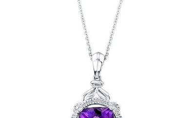 Amethyst And Diamond Cushion Pendant With Round Millgrained Border In 14k Yellow Gold (9mm)