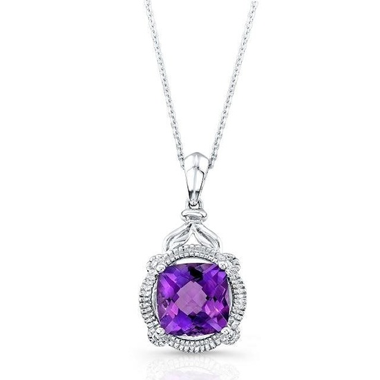 Amethyst And Diamond Cushion Pendant With Round Millgrained Border In 14k Yellow Gold (9mm)