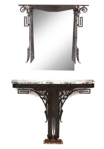 An Art Deco Iron Work and Marble Top Console Table with Mirror