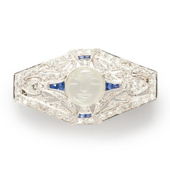 An Art Deco diamond, sapphire and platinum brooch