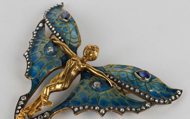 An Art Nouveau-style gold and cloisonné brooch in the shape of an elf. Yellow gold (750/1000, 45 gr