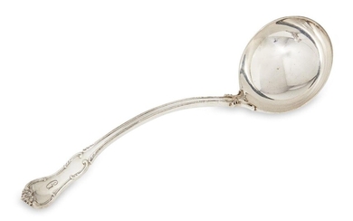 An Asprey & Co. silver ladle, London, c.1970, with thread pattern stem and decorative scroll terminal engraved with the initial 'G', approx. weight 10.2oz