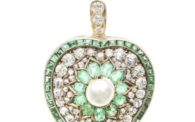 An Edwardian diamond, pearl, and emerald heart pendant