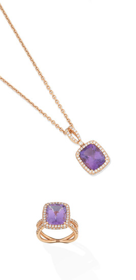 An amethyst and diamond pendant necklace and ring, by, David M. Robinson