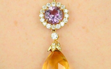 An amethyst, citrine and diamond drop pendant.Estimated