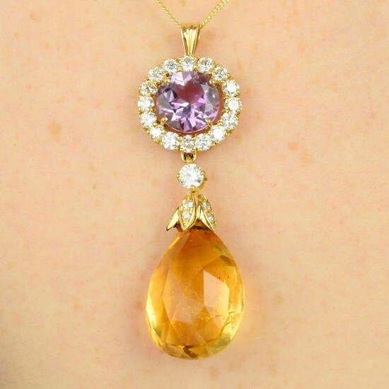 An amethyst, citrine and diamond drop pendant.Estimated