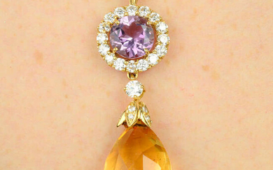 An amethyst, citrine and diamond drop pendant.