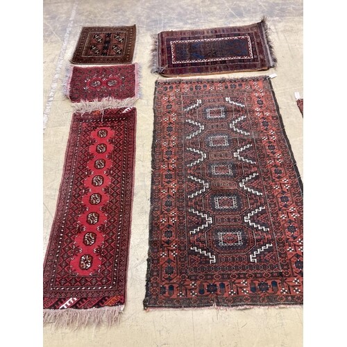 An antique Bokhara rug 170 x 94, Turkoman mat, a Belouch mat...