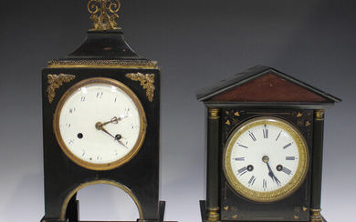 An early 19th century ebonized mantel timepiece, the eight day movement with silk suspension, the ci