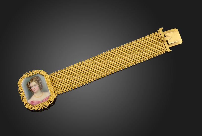 λ An early 19th century portrait miniature-mounted gold bracelet