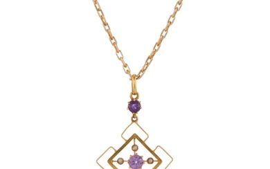 An early 20th century 9ct gold amethyst and split pearl open...