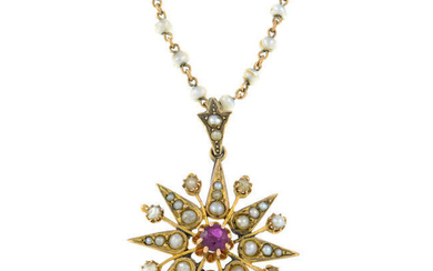 An early 20th century gold, ruby and split pearl star pendant, with similarly aged seed pearl chain.