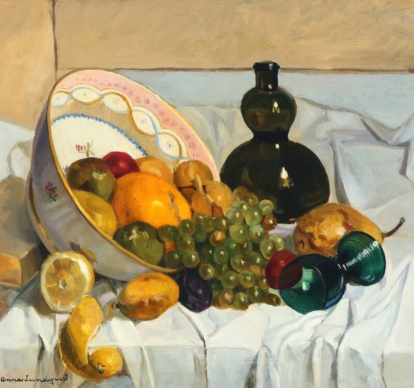 Anna Lundqvist: Still life with grapes, citrus fruits a.o. Signed Anna Lundquist. Oil on panel. 47×51.5 cm.