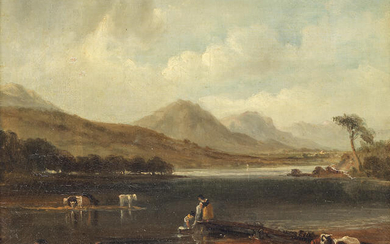 Anthony Vandyke Copley Fielding, P.O.W.S. (British, 1787-1855) Lakeland view with figures and cattle