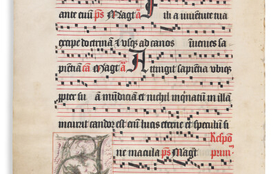 Antiphonal Leaves, Two Examples. Manuscript leaves on parchment containing musical bars and words...